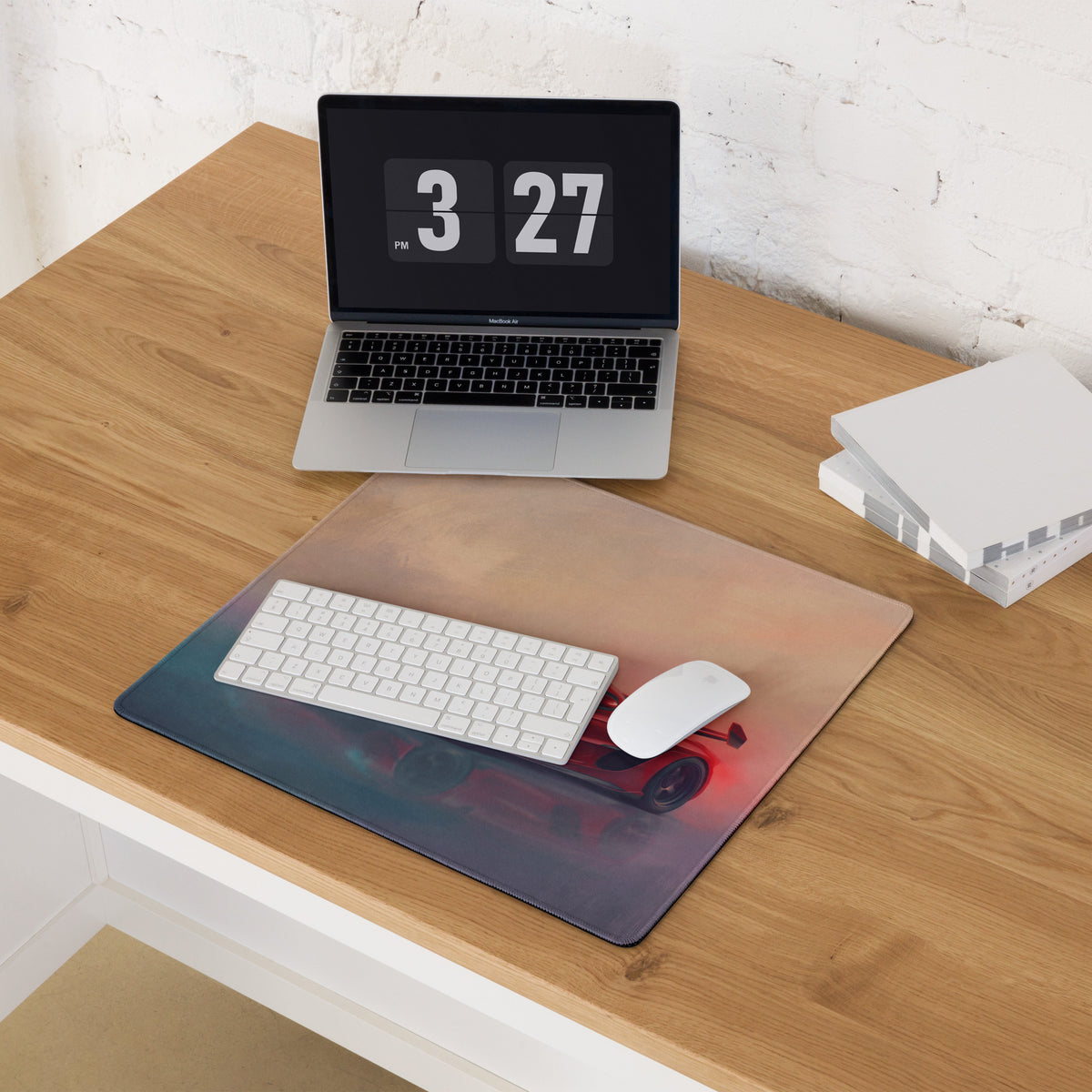 Rectangular koenigsegg jesko inspired cherry red desk pad with vibrant red sports car graphic on textured blue purple background
