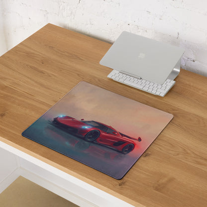 Koenigsegg jesko inspired cherry red desk pad featuring a red sports car graphic on a transparent gaming mouse mat