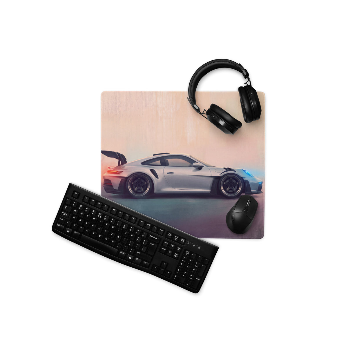 Silver Porsche 911 GT3 RS inspired desk pad with stitched edges printed on XL rectangular gaming mouse mat