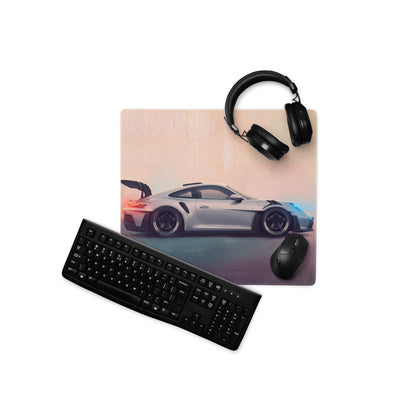 Silver Porsche 911 GT3 RS inspired desk pad with stitched edges printed on XL rectangular gaming mouse mat