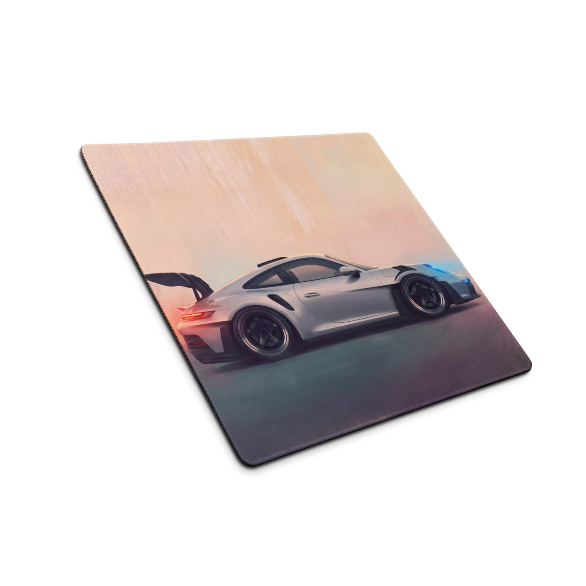 Silver porsche 911 gt3 rs inspired arrow graphic printed on a rectangular wooden xl stitched edge gaming mouse mat