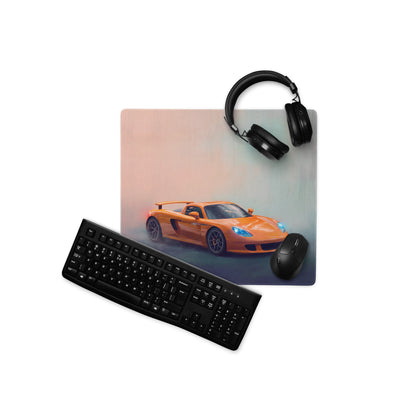 Orange sports car graphic printed on rectangular ultra-glide cloth mousepad inspired by porsche carrera gt arancio edition