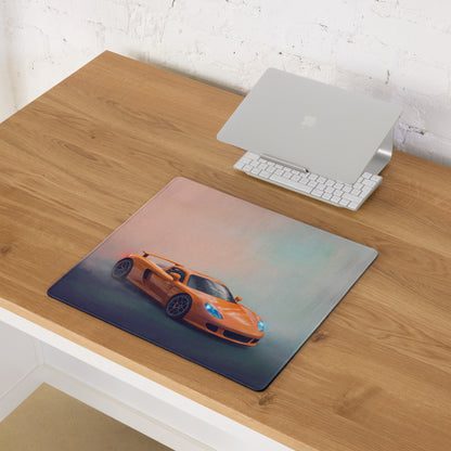 Porsche Carrera GT inspired Arancio edition desk mat with orange sports car graphic on ultra-glide cloth mousepad