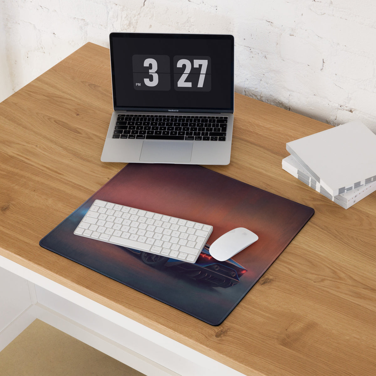 Lamborghini aventador roadster inspired azure desk mat featuring a dark gradient and glowing red accents on rubber gaming mousepad