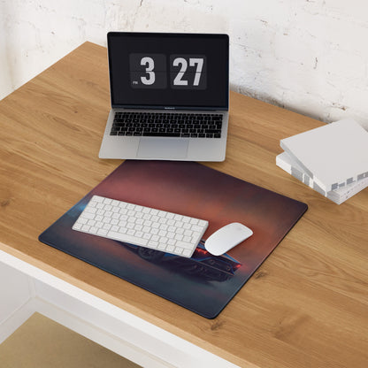 Lamborghini aventador roadster inspired azure desk mat featuring a dark gradient and glowing red accents on rubber gaming mousepad