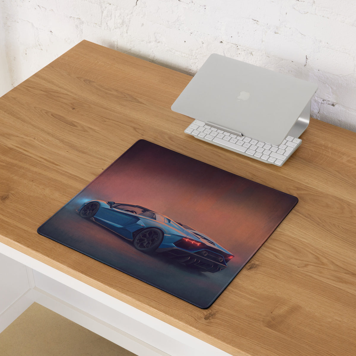 Blue lamborghini aventador roadster inspired azure desk mat with sports car graphic on non slip rubber gaming mousepad