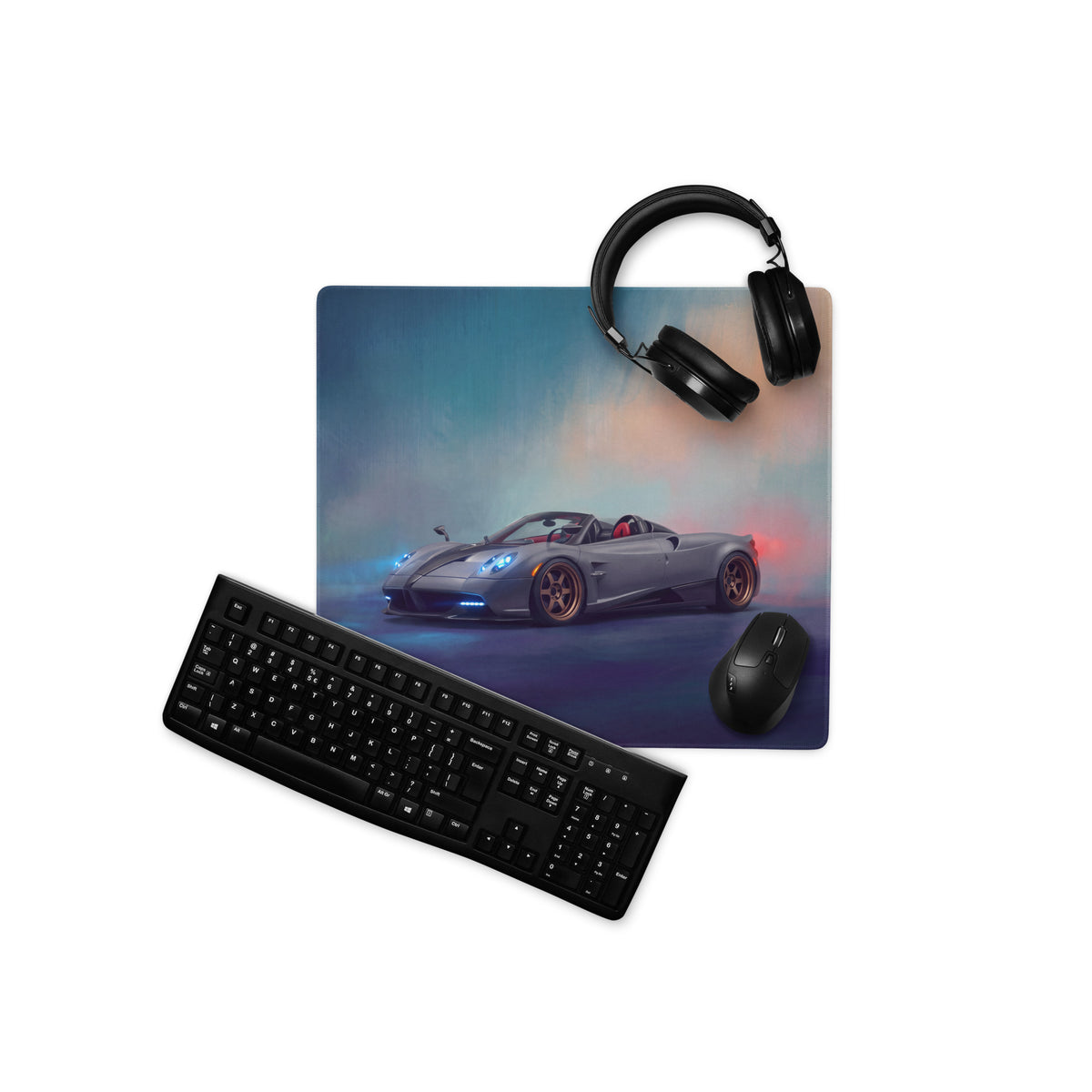 Gray pagani huayra sports car graphic on gold leaf stitched edge rectangular ultra-glide mouse pad