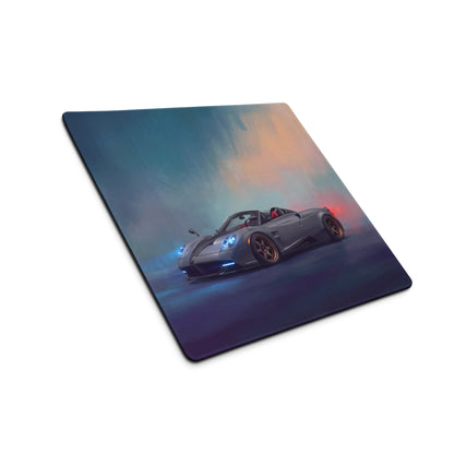 Gray Pagani Huayra convertible sports car graphic printed on a gold leaf stitched edge rectangular mousepad