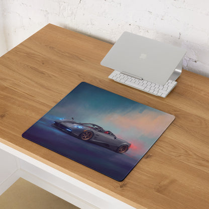 Pagani huayra r inspired gold leaf desk pad with ultra-glide stitched edge featuring dark gray sports car design