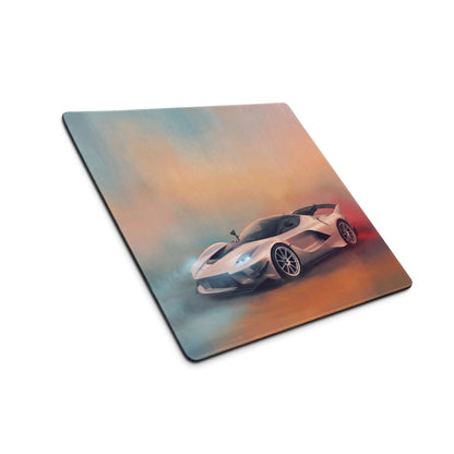 Ferrari fxx-k evo inspired apex edition xl gaming mousepad featuring a white sports car on vibrant misty terrain