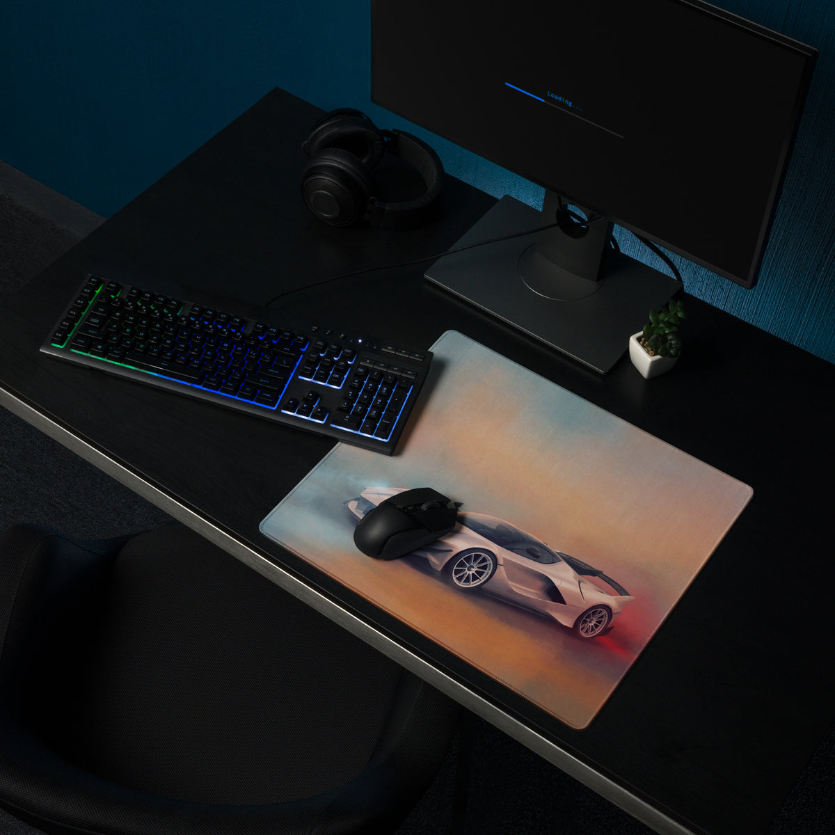 Ferrari FXX-K Evo inspired apex edition xl gaming mousepad with white sports car illustration and red orange lighting effects