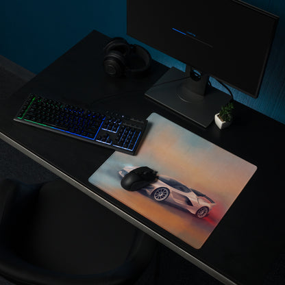 Ferrari FXX-K Evo inspired apex edition xl gaming mousepad with white sports car illustration and red orange lighting effects