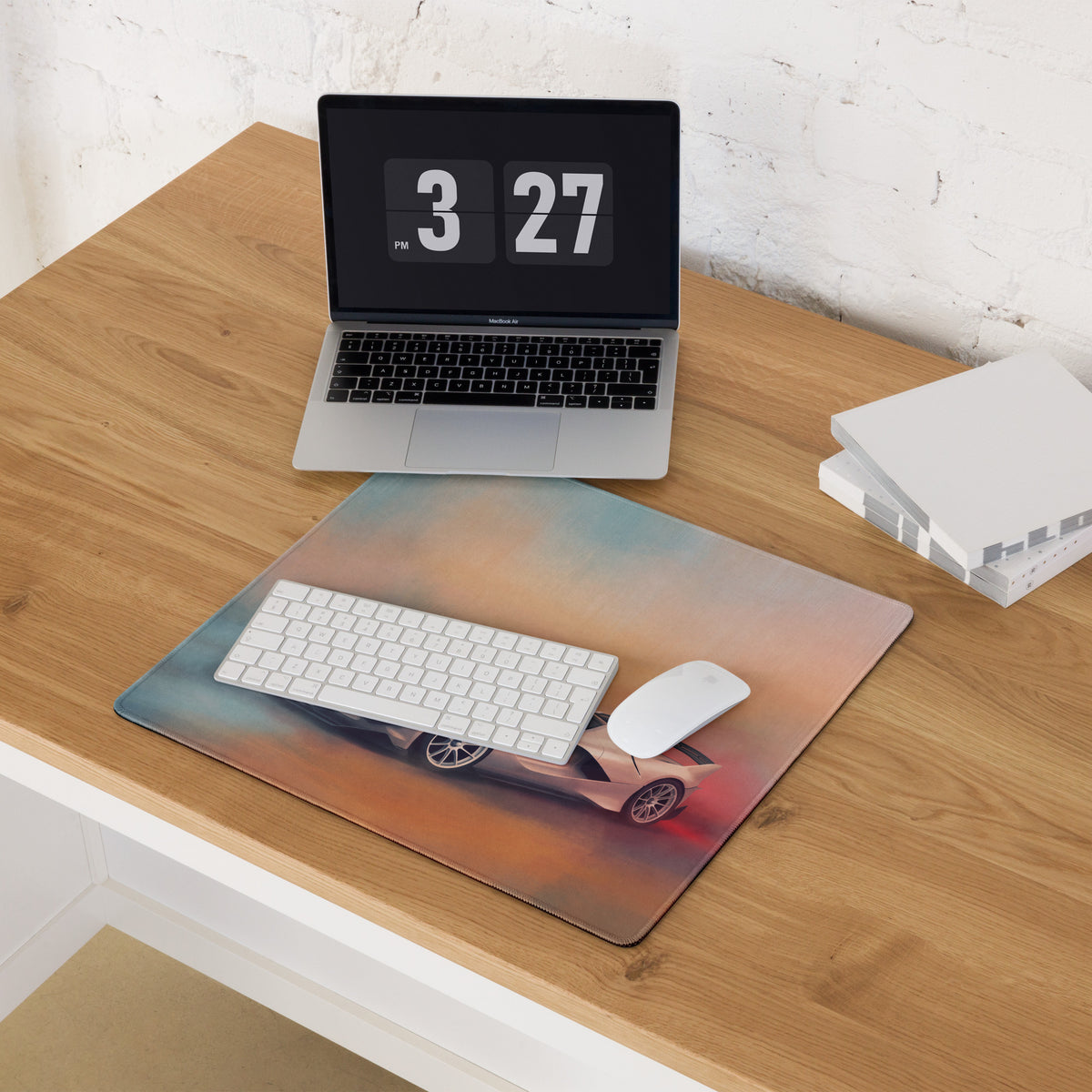 Rectangular low-friction xl gaming mousepad with white ferrari fxx-k evo sports car on gradient background