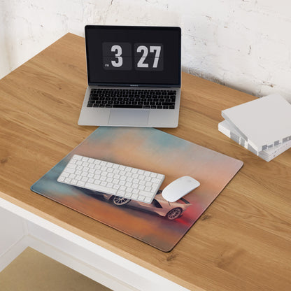 Rectangular low-friction xl gaming mousepad with white ferrari fxx-k evo sports car on gradient background