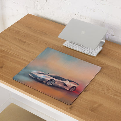 Rectangular xl low-friction gaming mousepad with a detailed white ferrari fxx-k evo sports car on blue orange gradient background