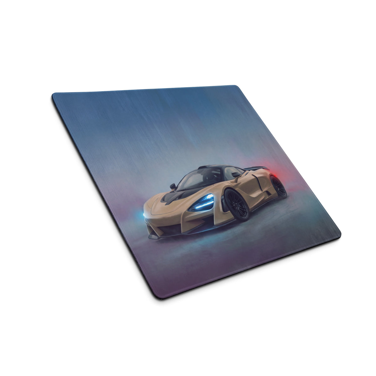 A sleek rectangular mclaren 720s inspired sahara gold desk pad with tan mclaren senna and glowing accents mouse mat