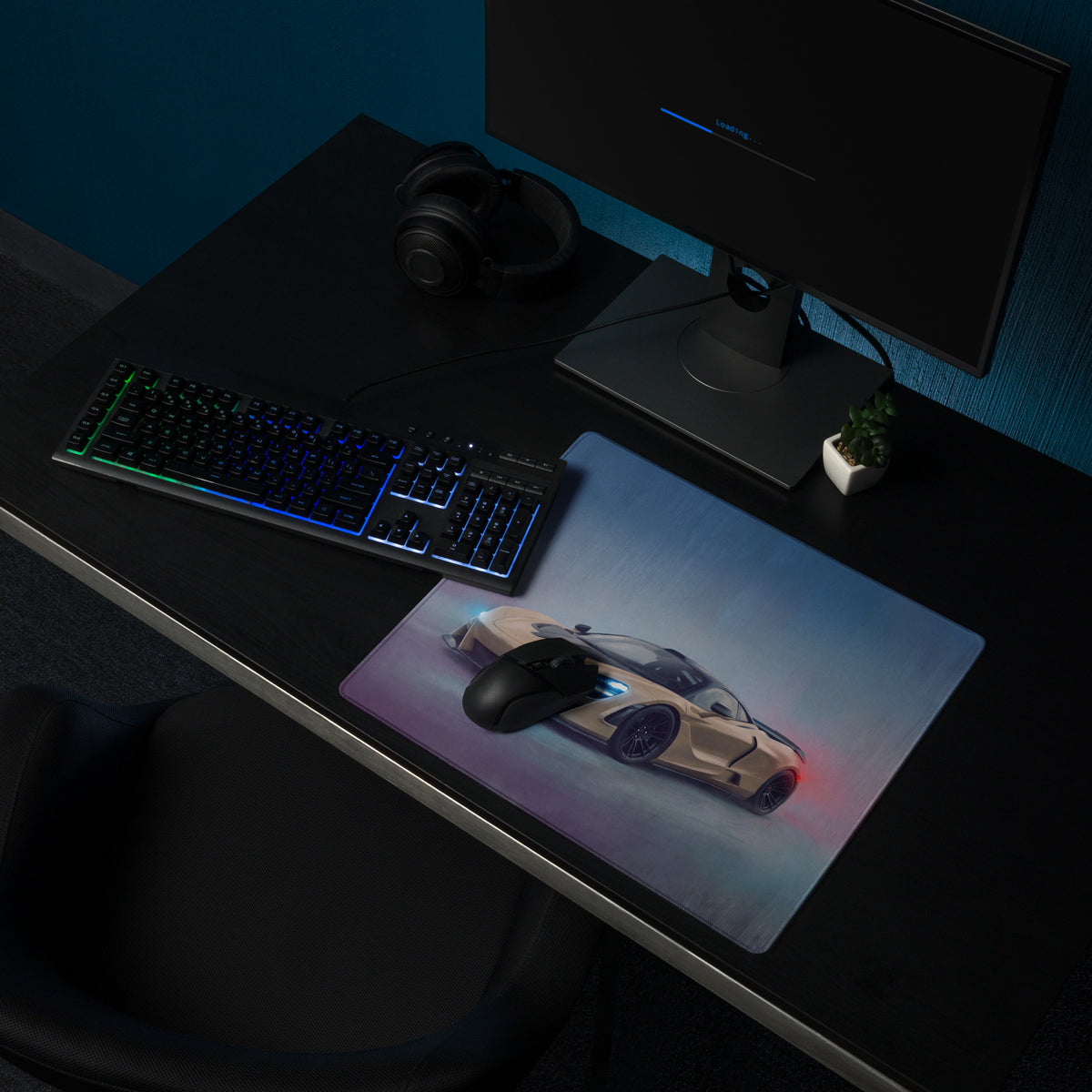 A sleek rectangular mclaren 720s inspired sahara gold gaming mousepad with beige car and glowing blue and red accents