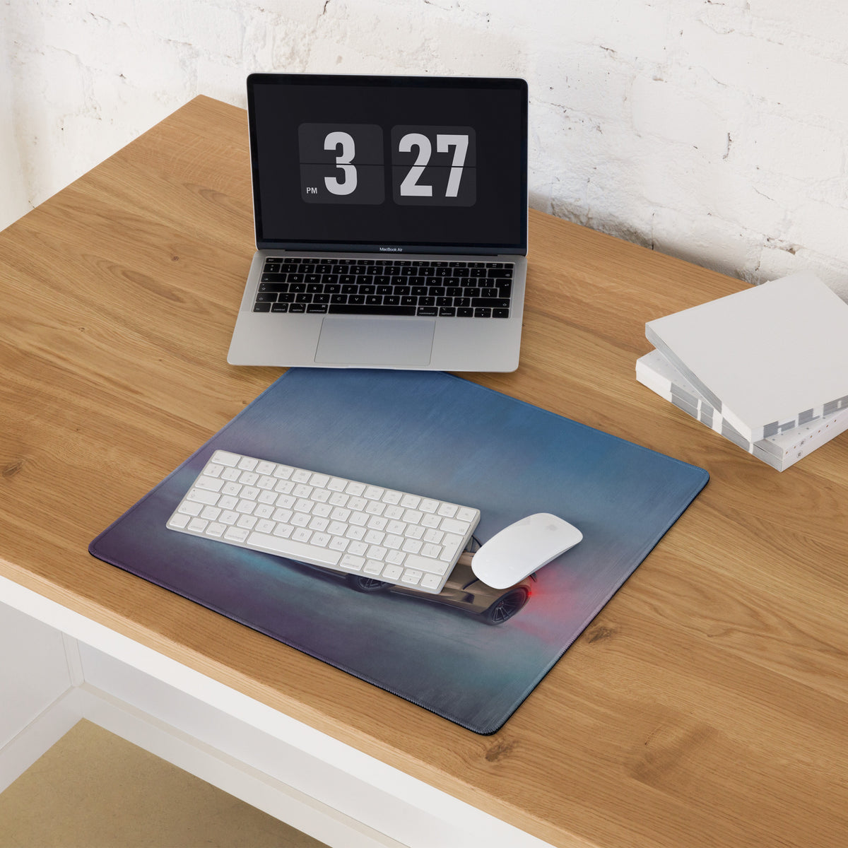 Blue gradient mousepad with futuristic car print featuring premium non-slip rubber base for smooth desktop use