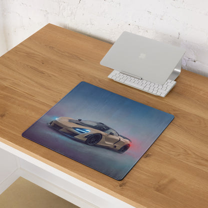 Rectangular mclaren 720s inspired sahara gold desk pad with detailed beige car graphic on non-slip rubber base mouse mat