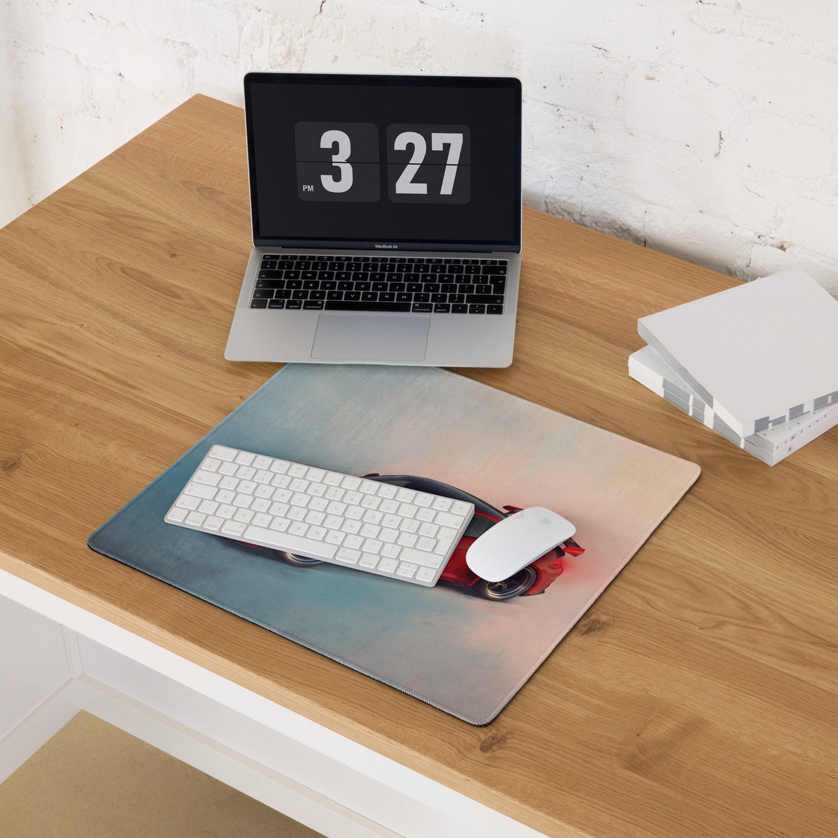 Rectangular low-friction gaming mousepad with a red porsche 911 gt3 rs inspired car on blue and beige gradient background