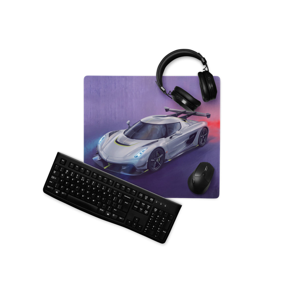 Purple koenigsegg jesko inspired silver apex desk pad with silver koenigsegg hypercar graphic and ultra smooth surface