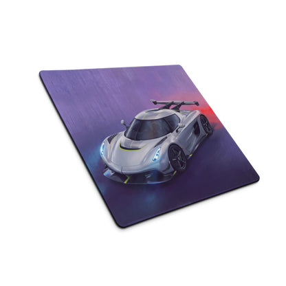 Silver koenigsegg jesko inspired apex desk pad with hypercar graphic on purple and red gradient mouse mat