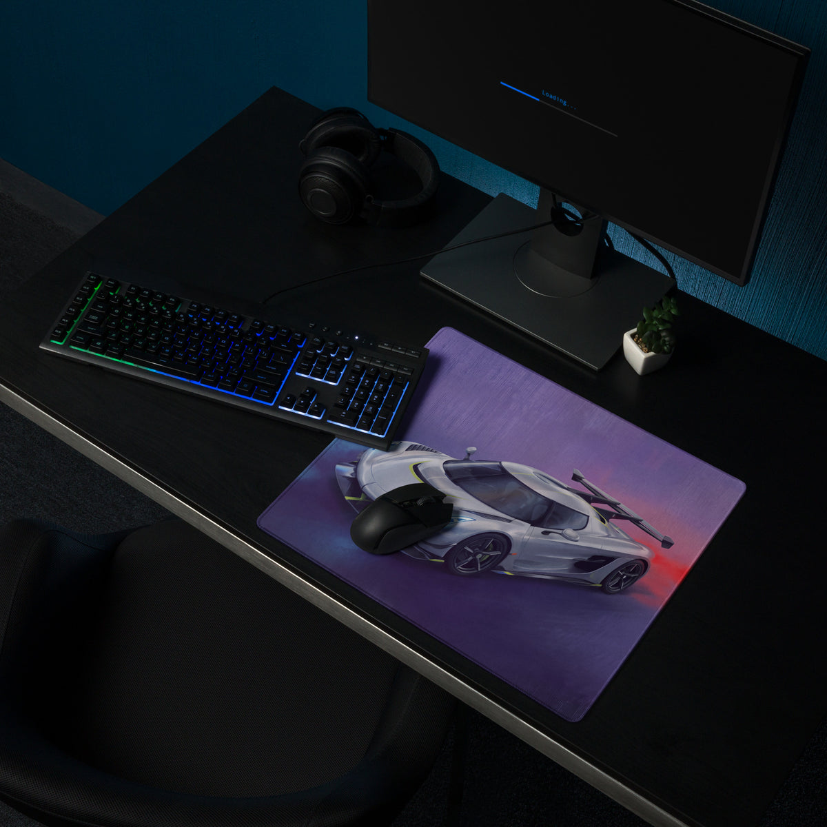 Purple koenigsegg jesko inspired silver apex desk pad with white sports car graphic and red lighting ultra-smooth mouse mat
