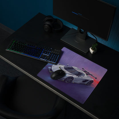 Purple koenigsegg jesko inspired silver apex desk pad with white sports car graphic and red lighting ultra-smooth mouse mat