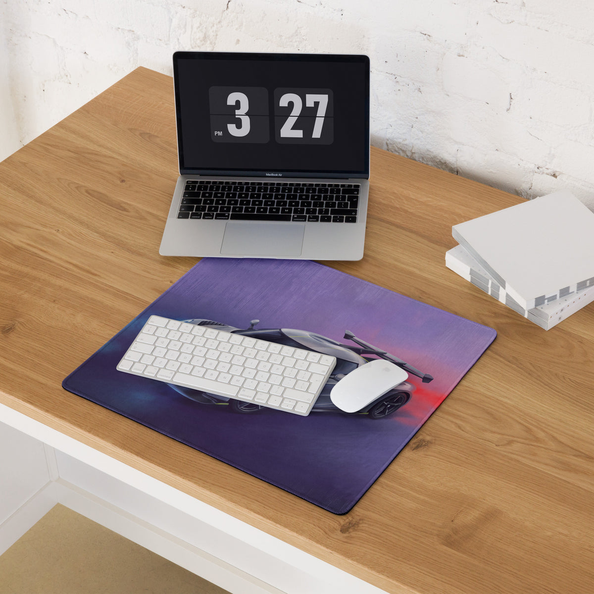 Purple koenigsegg jesko inspired silver apex desk pad featuring a sleek silver sports car design with red accents