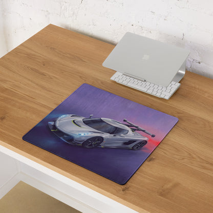 Koenigsegg jesko inspired silver apex desk pad with silver koenigsegg hypercar graphic on purple and red gradient background
