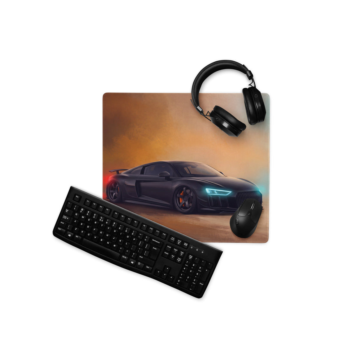 Black audi r8 sports car graphic printed on a rectangular stitched edge gaming mousepad for precision glide