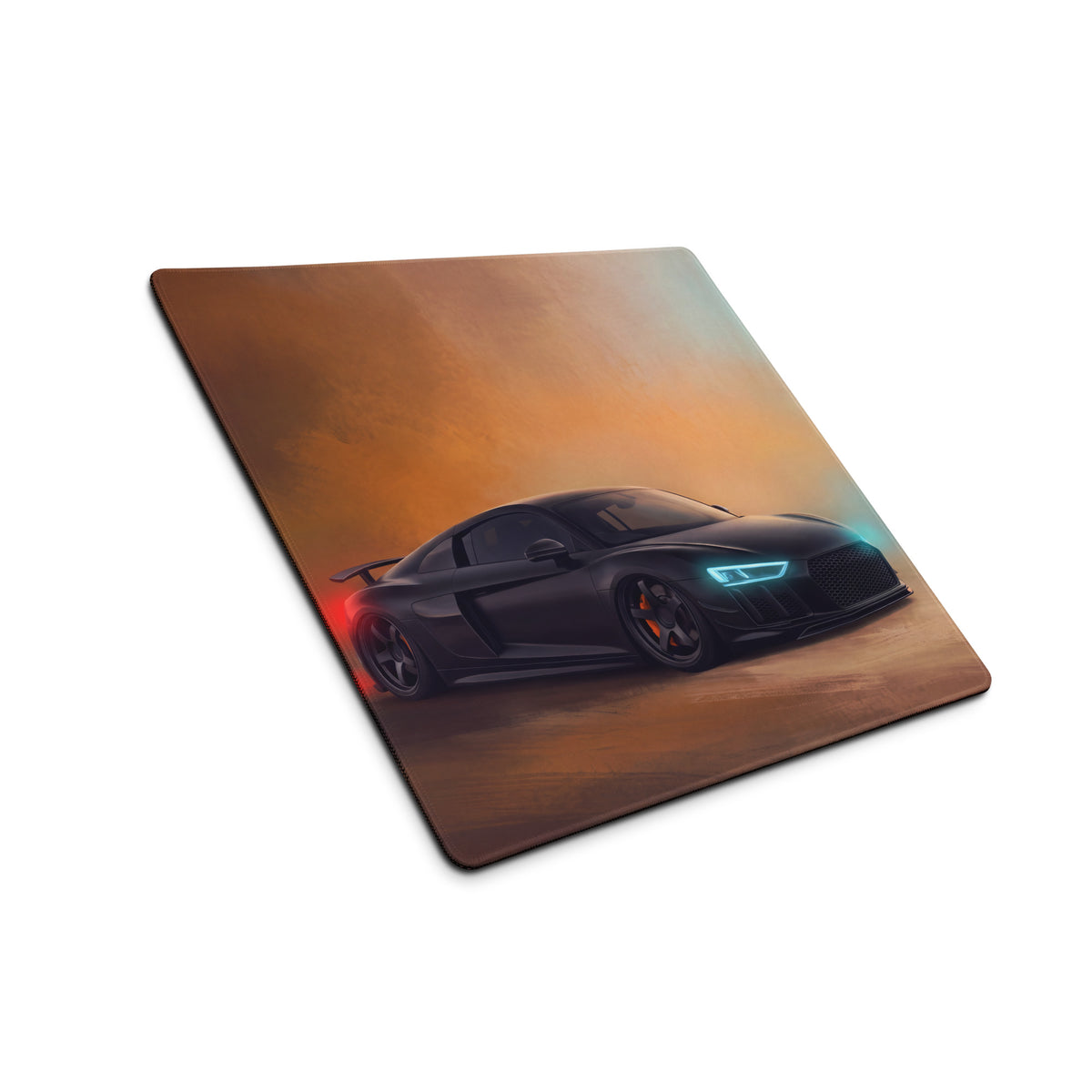 Black audi r8 sports car printed on midnight stealth desk mat with stitched edges for precision glide gaming use