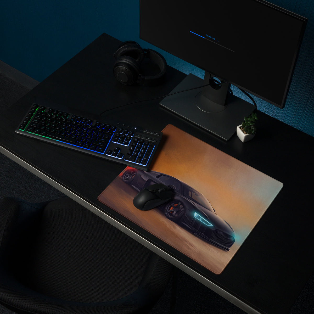 Rectangular gaming mousepad with glossy audi r8 inspired black futuristic sports car and orange gradient background