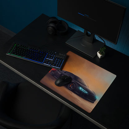 Rectangular gaming mousepad with glossy audi r8 inspired black futuristic sports car and orange gradient background