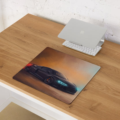 Black audi r8 sports car graphic on audi r8 inspired midnight stealth desk mat with stitched edge and gradient background