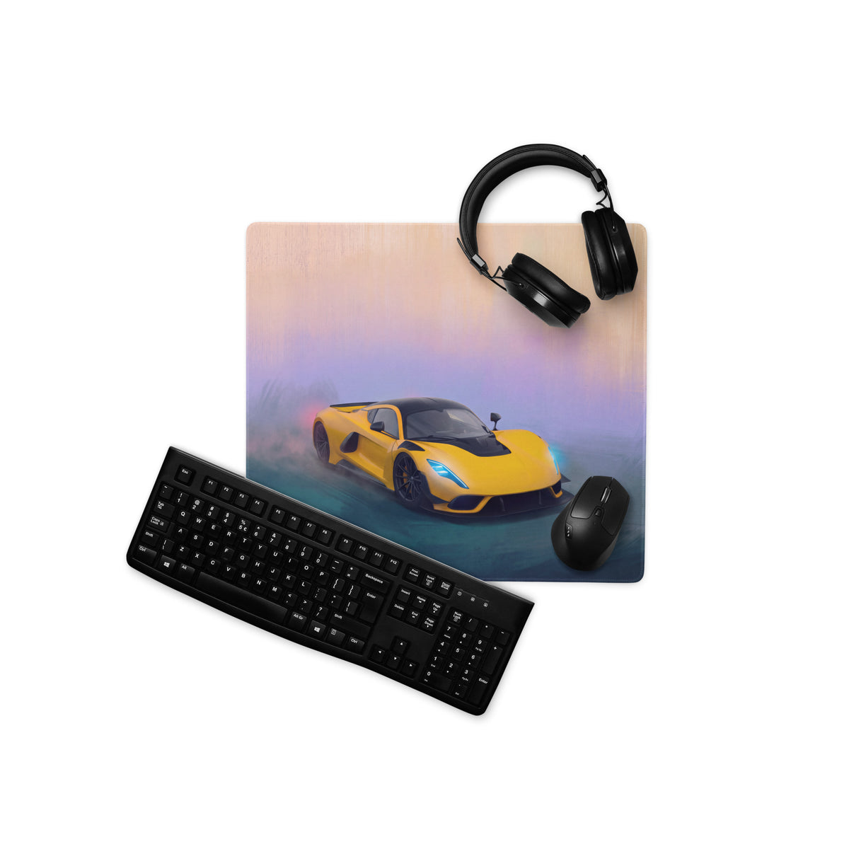 Yellow sports car graphic on a solar yellow high-dpi micro-weave gaming mousepad inspired by hennessey venom f5