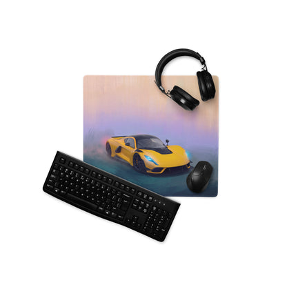 Yellow sports car graphic on a solar yellow high-dpi micro-weave gaming mousepad inspired by hennessey venom f5
