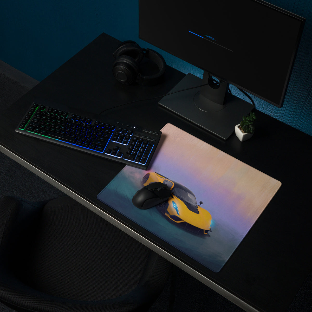 A rectangular high-dpi micro-weave gaming mousepad featuring a vibrant yellow hennessey venom f5 sports car illustration