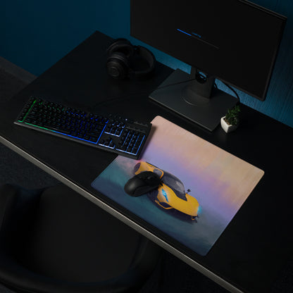 A rectangular high-dpi micro-weave gaming mousepad featuring a vibrant yellow hennessey venom f5 sports car illustration