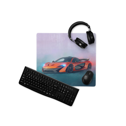 Orange mclaren p1 sports car graphic on volcanic sunset extended desk pad with non-slip rubber base mouse mat