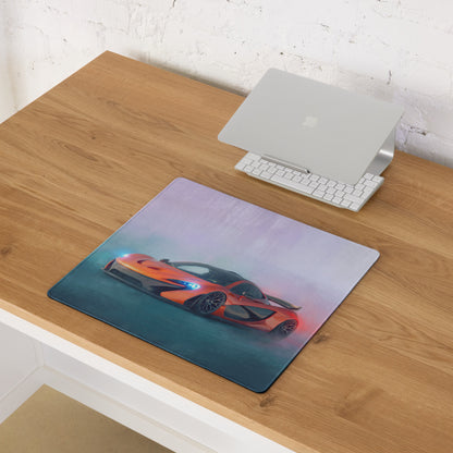 Orange mclaren sports car graphic printed on a rectangular non-slip rubber desk pad for extended use