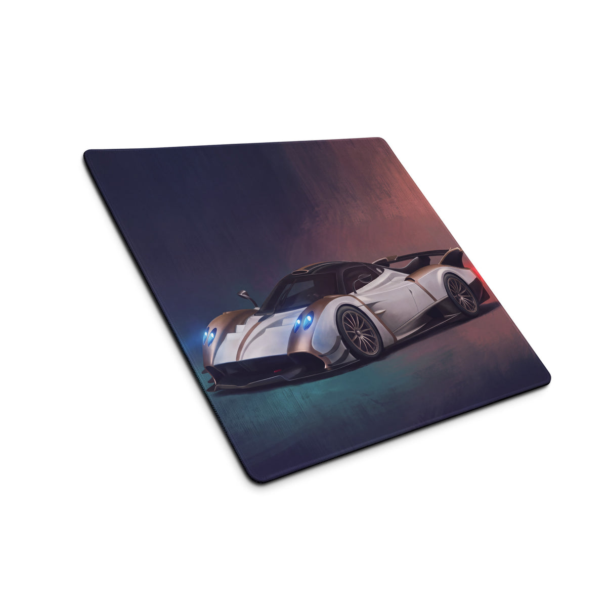 White and gold pagani huayra graphic printed on rectangular stitched edge desk pad for ultra-glide gaming use