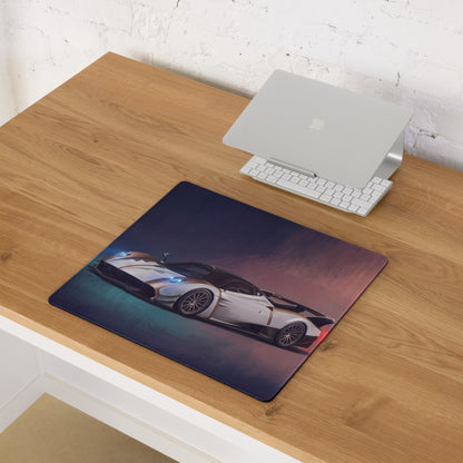 Pagani huayra r inspired gold accent desk pad with high resolution white sports car print and stitched edge mouse mat