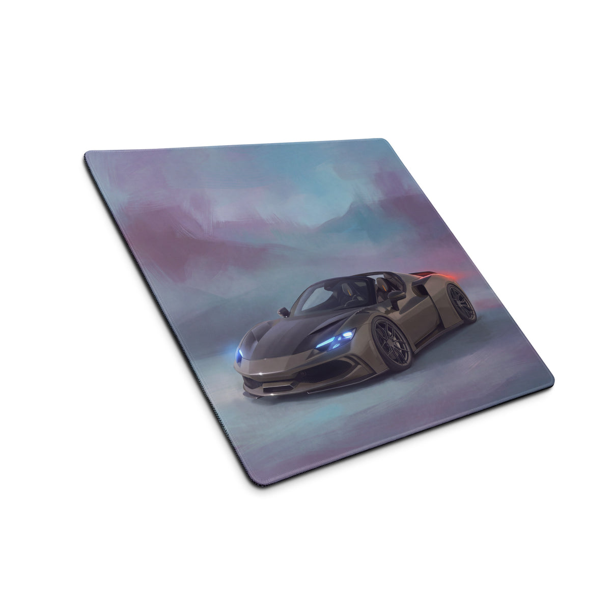 Rectangular ferrari 296 gts inspired titanium edition mousepad with matte sports car illustration and glowing headlights