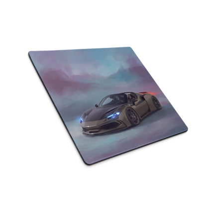 Rectangular ferrari 296 gts inspired titanium edition mousepad with matte sports car illustration and glowing headlights