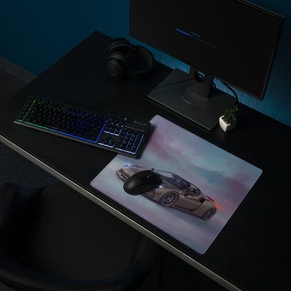 Ferrari 296 GTS inspired titanium edition low-friction rectangular gaming mousepad with silver sports car graphic and red accents