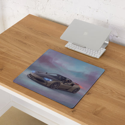 Rectangular low-friction pc setup mousepad featuring a sleek matte gray ferrari 296 gts illustration with glowing lights