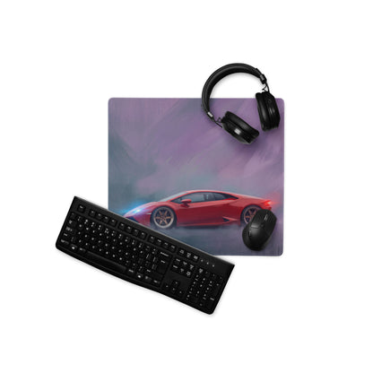Lamborghini huracán inspired rosso edition xl gaming mouse mat with stitched edge and red sports car graphic on purple blue background