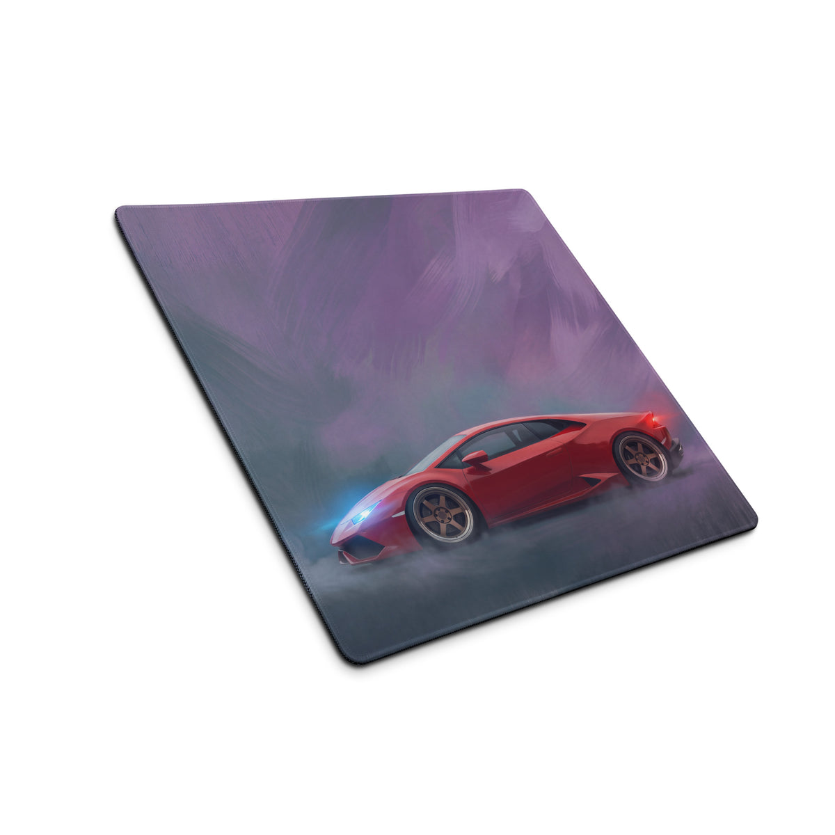 Lamborghini Huracán inspired rosso edition stitched edge XL gaming mousepad with red sports car and purple gray misty background
