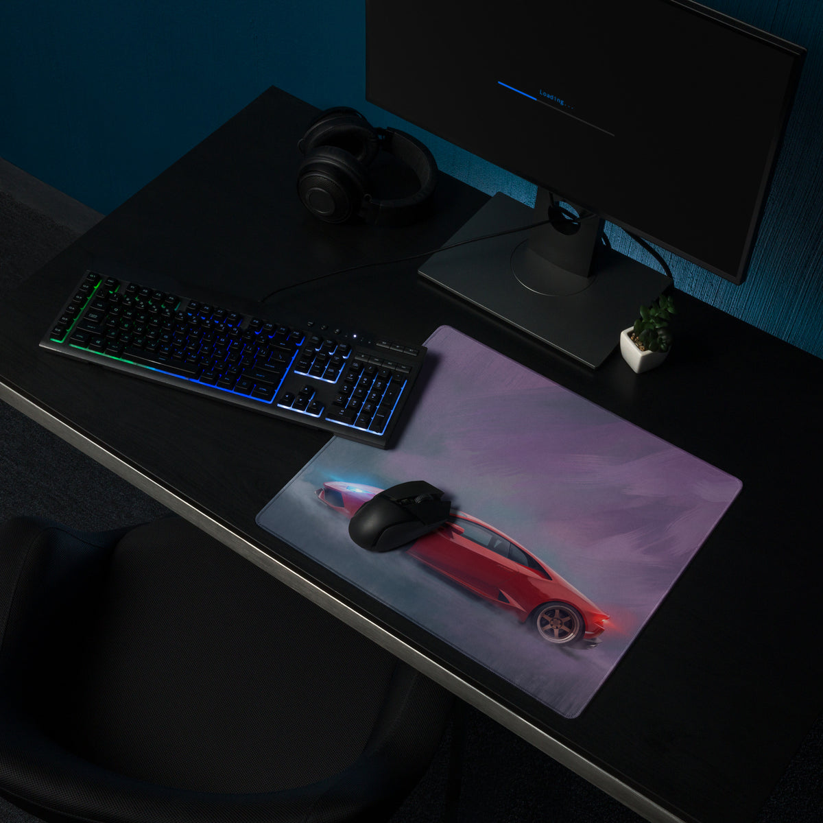 Lamborghini huracán inspired rosso edition red sports car graphic mousepad with sleek glossy finish and neon lighting accents